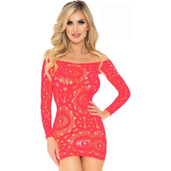 Leg Avenue Dresses LEG AVENUE - CROCHET LACE LONG SLEEVE MINI DRESS RED ONE SIZE
