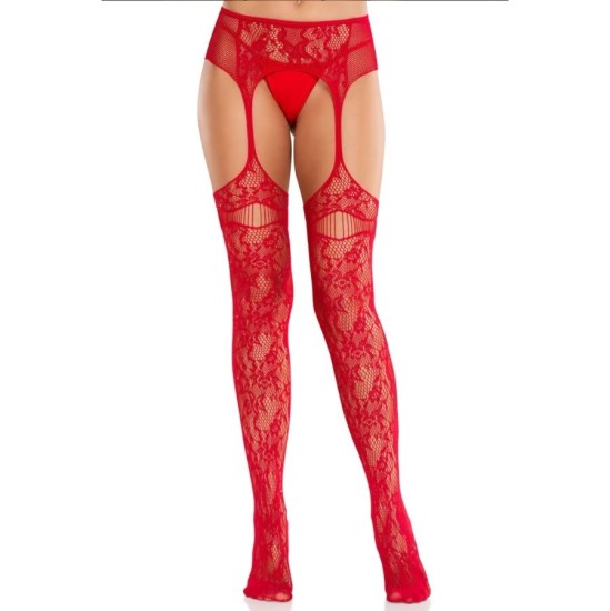 Leg Avenue Hosiery LEG AVENUE - LACE STOCKINGS WITH GARTERS RED
