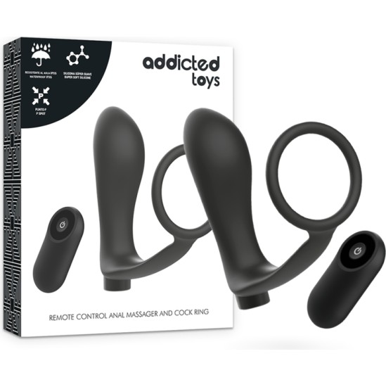 Addicted Toys PENIS RING WITH REMOTE CONTROL ANAL PLUG BLACK RECHARGEABLE