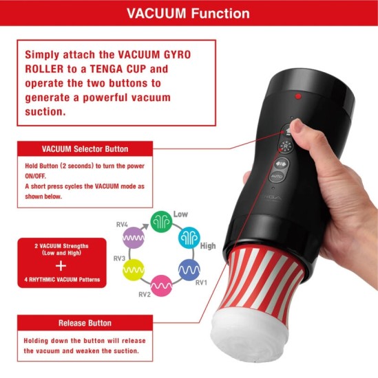 Tenga GYRO ROLLER Vakuuma masturbātors ar Sūkšanas un rotācijas funkciju