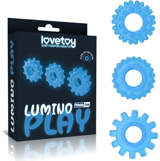 Lovetoy Lumino Play Set 3 Penis Ring Blue Light