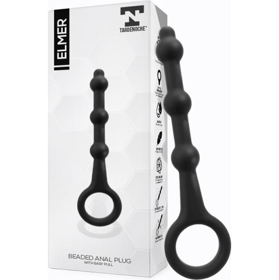 Tardenoche Elmer Beaded Butt Plug with Easy Pull Ring Silicone Black