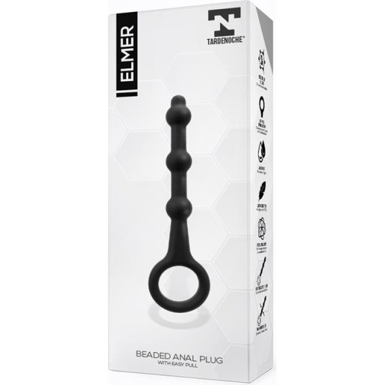 Tardenoche Elmer Beaded Butt Plug with Easy Pull Ring Silicone Black