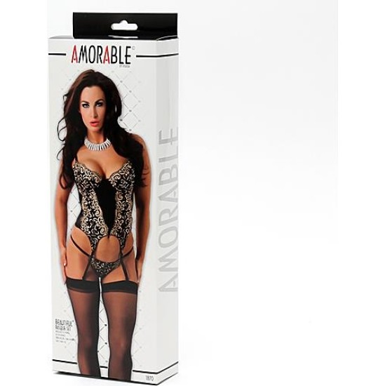 Amorable Set Corset, Thong and Stocking  Black and Gold