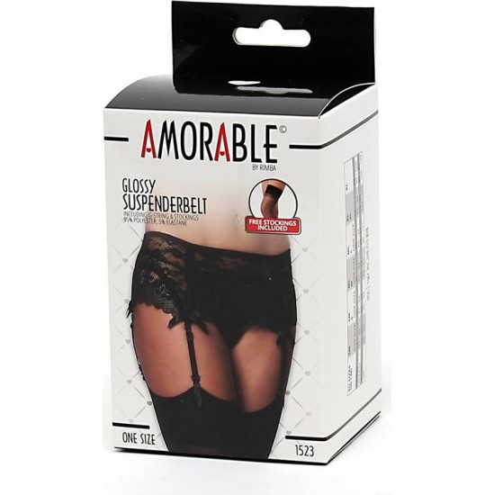 Amorable Garter Belt with Thong and Stockings Black