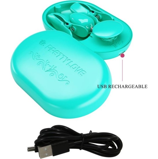 Prettylove Surprise Box Vibrating Egg with Electric Shock Nipple Clamps Blue