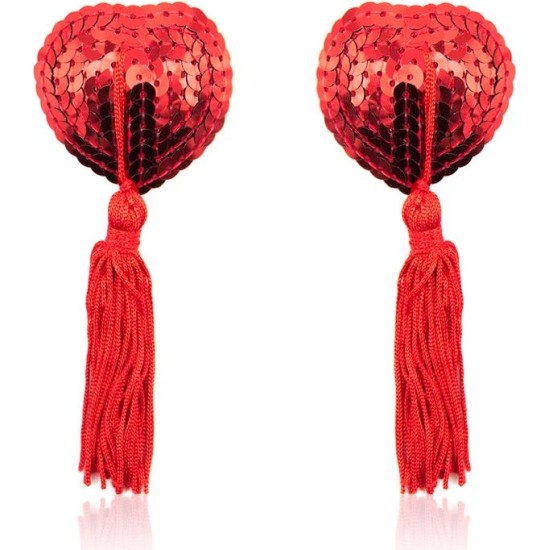 Latetobed Bdsm Line Heart Sequin Nipple Cover with Tassel Red