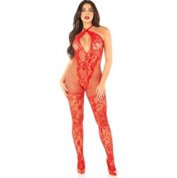 Leg Avenue Bodystockings LEG AVENUE - FLOWER PRINT MESH BODYSTOCKING RED ONE SIZE