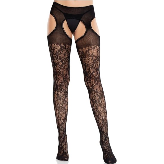 Leg Avenue Hosiery LEG AVENUE - FLORAL LACE STOCKINGS WITH GARTERS UNITED BLACK