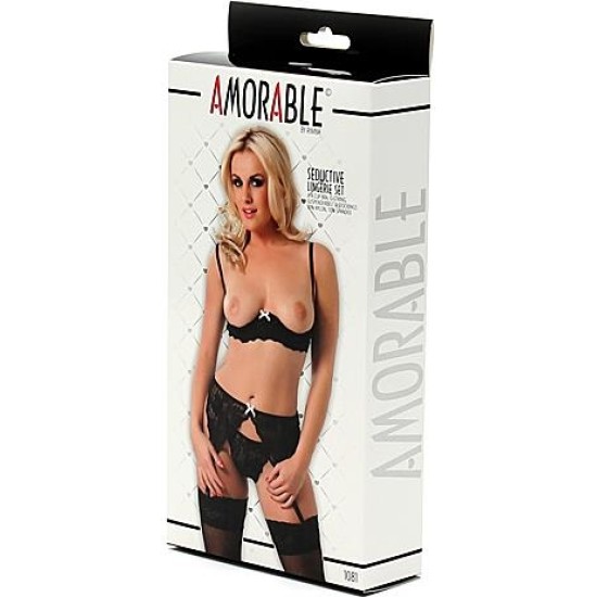 Amorable 5 Pieces Set Open Bra, Garter, Thong and Stockings