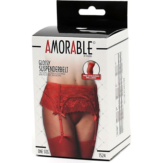 Amorable Garter Belt with Thong and Stockings Red