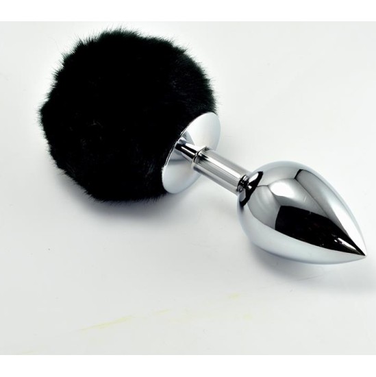 Lovetoy Metal Butt Plug with Black Pompon Size L