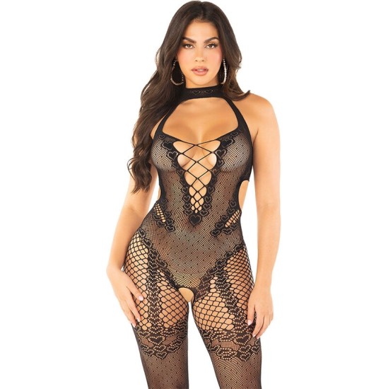 Leg Avenue Bodystockings LEG AVENUE - MESH BODYSTOCKING CROTCHLESS BLACK ONE SIZE