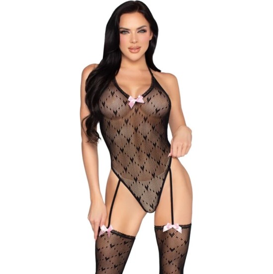 Leg Avenue Teddies LEG AVENUE - 89360 OPEN BACK BODYSUIT WITH GARTER BELT BLACK- ONE SIZE