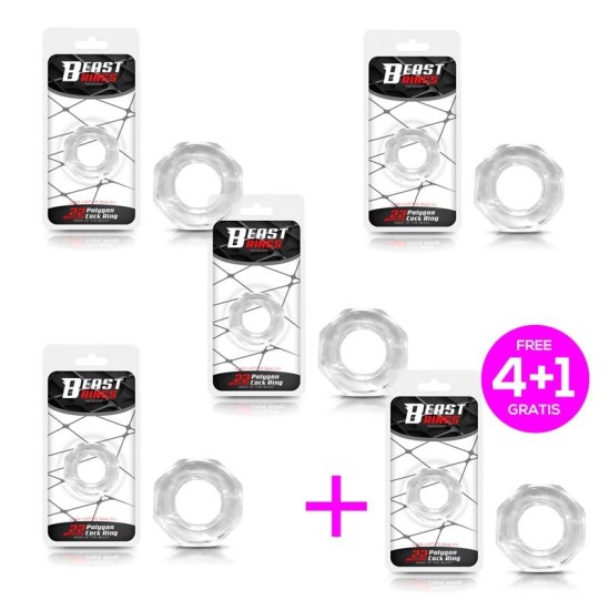 Beast Rings Pack 4+1 Penis Ring Super Flexible Polygon 2.2 cm Clear