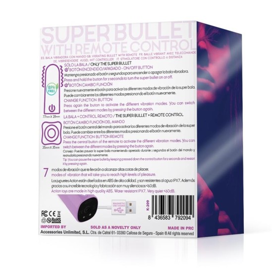 Action Dhalia S per Vibrating Bullet su nuotolinio valdymo pultu, didelės galios USB violetinė