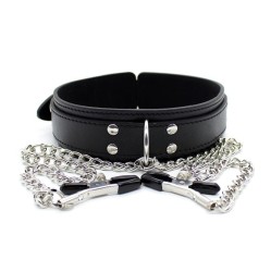 Latetobed Bdsm Line Collar with Nipple Clamps and metal Chain Black