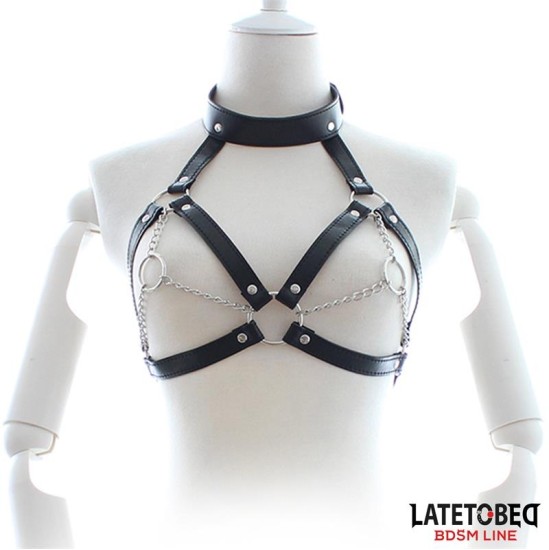 Latetobed Bdsm Line Bondage Harness with Open Cups and Chains