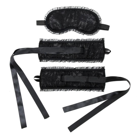 Bondage Play Rimba Bondage Satin Look Handcuffs with Mask Black