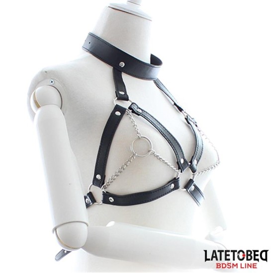 Latetobed Bdsm Line Bondage Harness with Open Cups and Chains