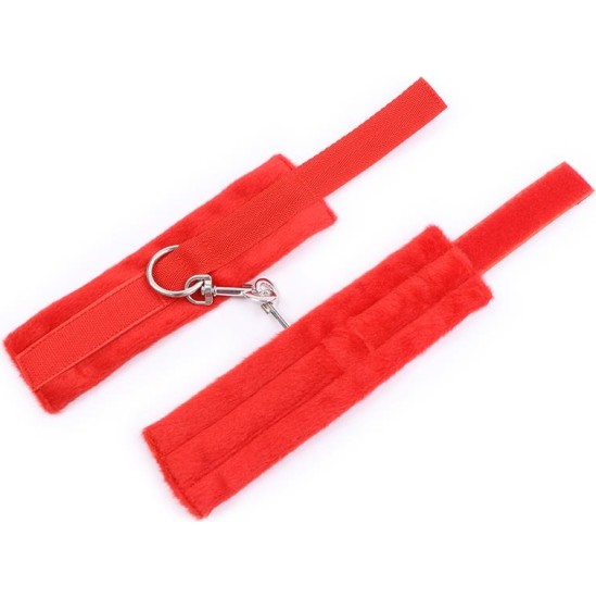 Intoyou Bdsm Line Handcuffs with Velcro with Long Fur Red