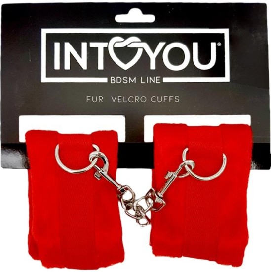 Intoyou Bdsm Line Handcuffs with Velcro with Long Fur Red