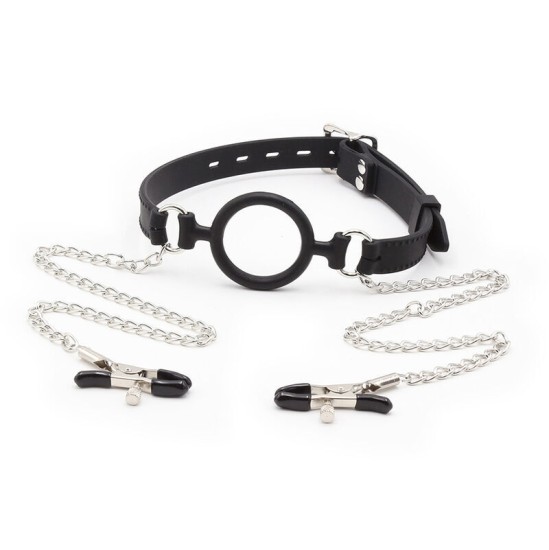 Ohmama Fetish RING GAG WITH CHAINS AND NIPPLE CLAMPS