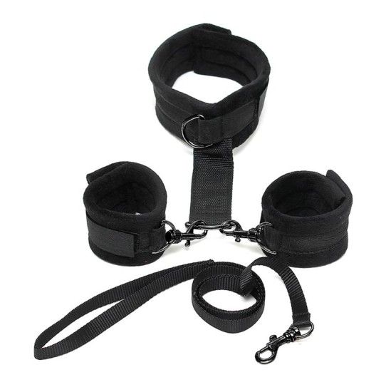 Bondage Play Handcuffs to Collar with Leash Adjustable Black