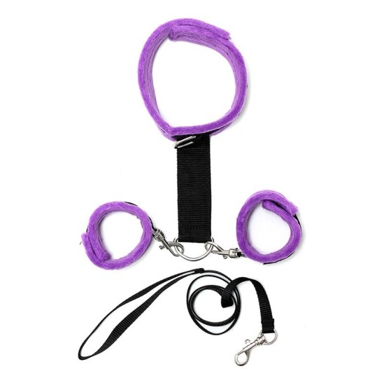 Bondage Play Handcuffs to Collar with Leash Adjustable and Detachable Purple