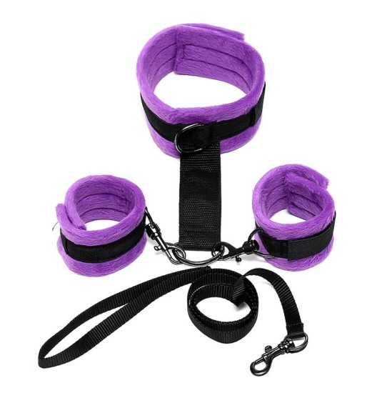 Bondage Play Handcuffs to Collar with Leash Adjustable and Detachable Purple