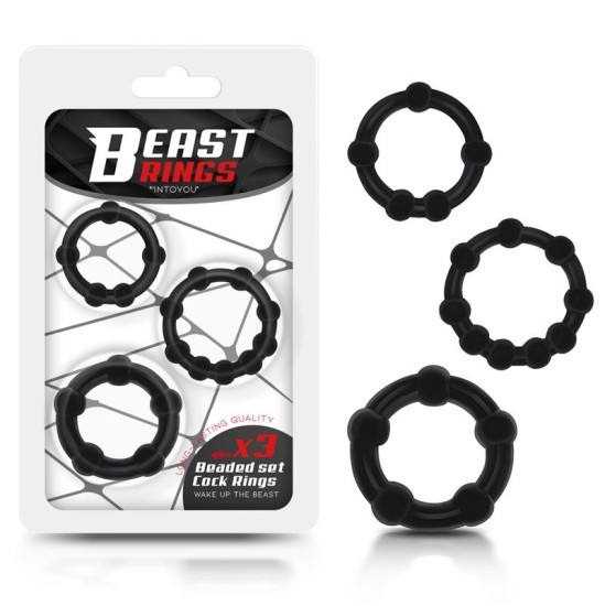 Beast Rings Komplektā 3 gaiļa gredzens ar fāzēm, elastīgs melns