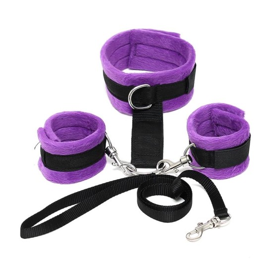 Bondage Play Handcuffs to Collar with Leash Adjustable and Detachable Purple