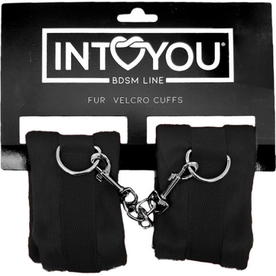 Intoyou Bdsm Line Antrankiai su Velcro su ilgu kailiu juodu