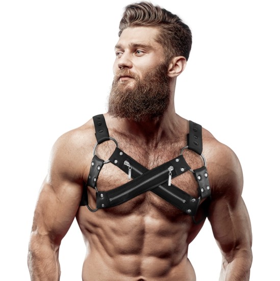 Fetish Submissive Attitude ADJUSTABLE NEOPRENE CROSS-OVER CHEST BULLDOG HARNESS WITH ZIPPERS FOR MEN