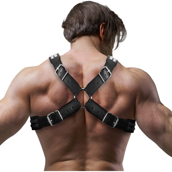 Fetish Submissive Attitude MEN'S CROSSED CHEST ECO-LEATHER HARNESS WITH RIVETS