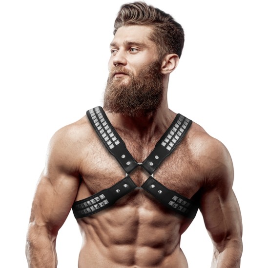 Fetish Submissive Attitude MEN'S CROSSED CHEST ECO-LEATHER HARNESS WITH RIVETS