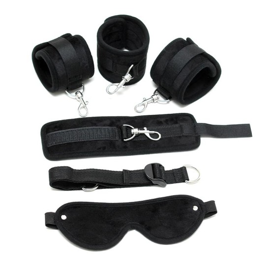 Bondage Play Hand to Ankle Cuffs with Mask Adjustable Black