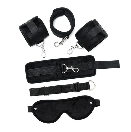 Bondage Play Hand to Ankle Cuffs with Mask Adjustable Black