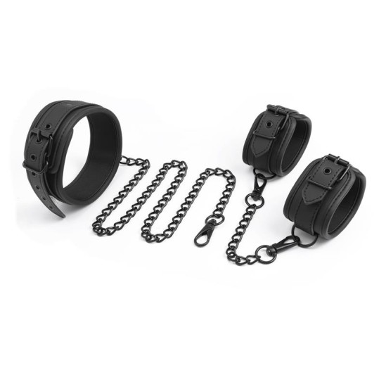 Intoyou Black Shadow Collar and Hand Cuffs Set Vegan Leather