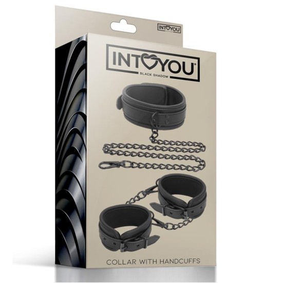 Intoyou Black Shadow Collar and Hand Cuffs Set Vegan Leather