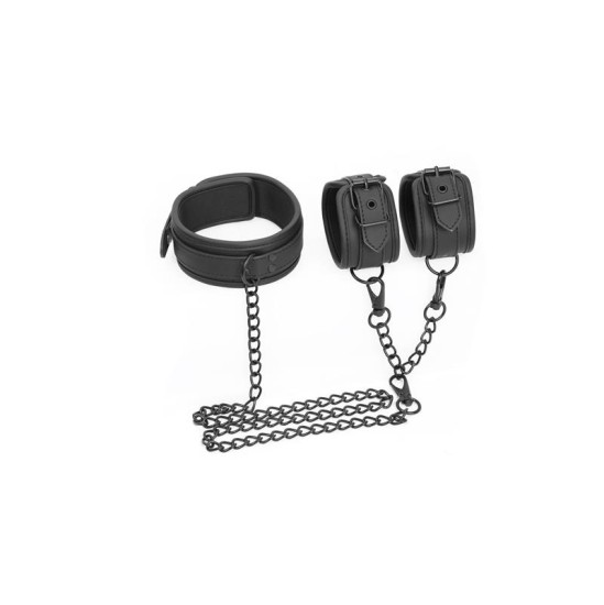 Intoyou Black Shadow Collar and Hand Cuffs Set Vegan Leather