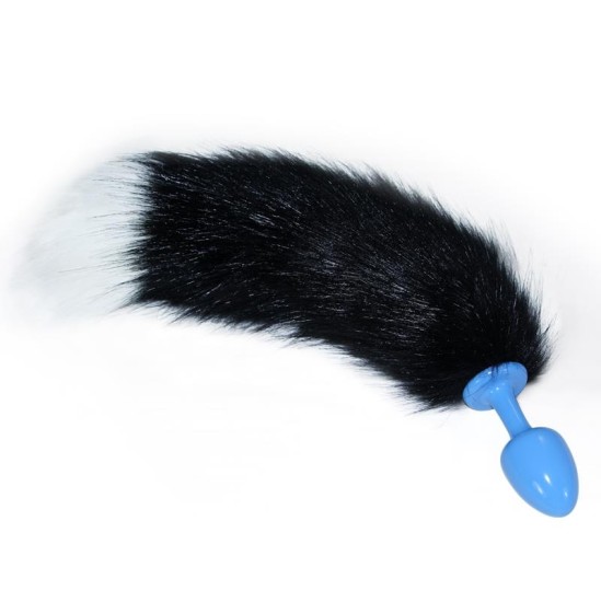 Lovetoy Metal Butt Plug Blue with Black and White Fox Tail