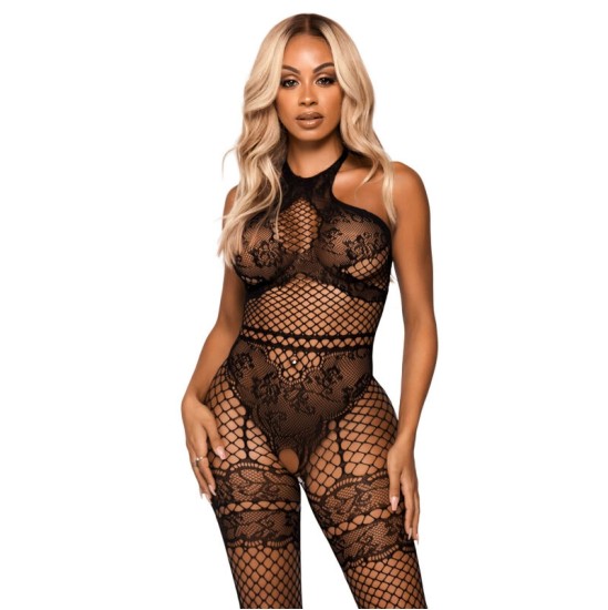 Leg Avenue Bodystockings LEG AVENUE NET HALTER BODYSTOCKING ONE SIZE - BLACK