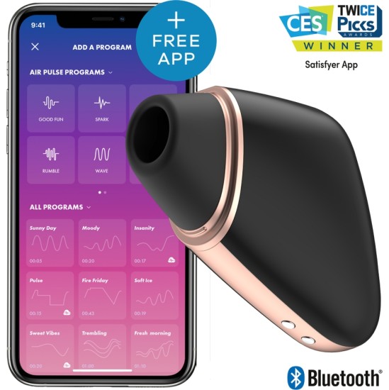 Satisfyer Connect APMIERINĀTĀJA MĪLESTĪBAS TRĪSSTURA GAISA PULSU STIMULĀTORS UN VIBRATORS — MELNS