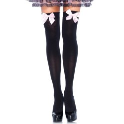 Leg Avenue Hosiery ЧЕРНЫЕ НЕЙЛОНОВЫЕ БОТИНКИ LEG AVENUE С РОЗОВЫМ БАНТОМ, ОДИН РАЗМЕР