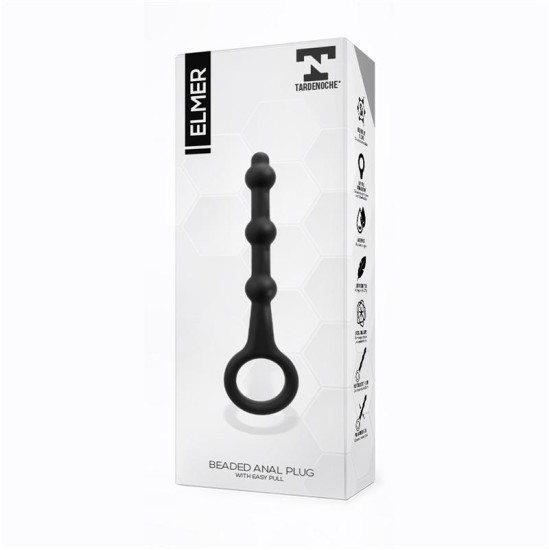 Tardenoche Elmer Beaded Butt Plug with Easy Pull Ring Silicone Black