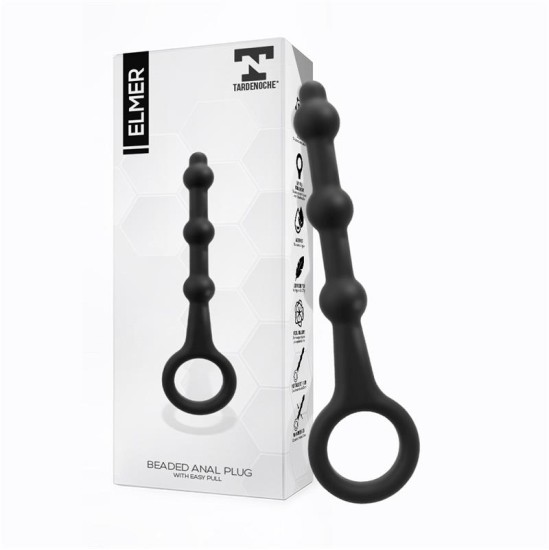 Tardenoche Elmer Beaded Butt Plug with Easy Pull Ring Silicone Black