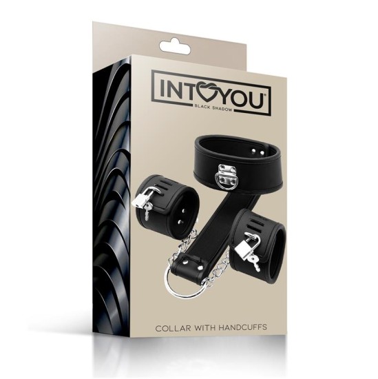 Intoyou Black Shadow Collar with Handcuffs Set Vegan Leather