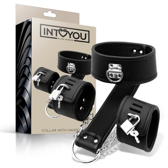 Intoyou Black Shadow Collar with Handcuffs Set Vegan Leather