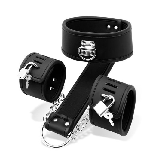 Intoyou Black Shadow Collar with Handcuffs Set Vegan Leather